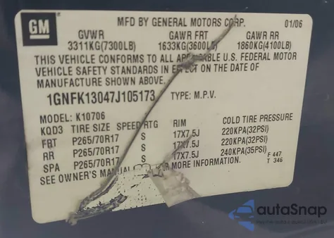 2007 Chevrolet Tahoe Lt from USA, damaged, VIN 1GNFK13047J105173